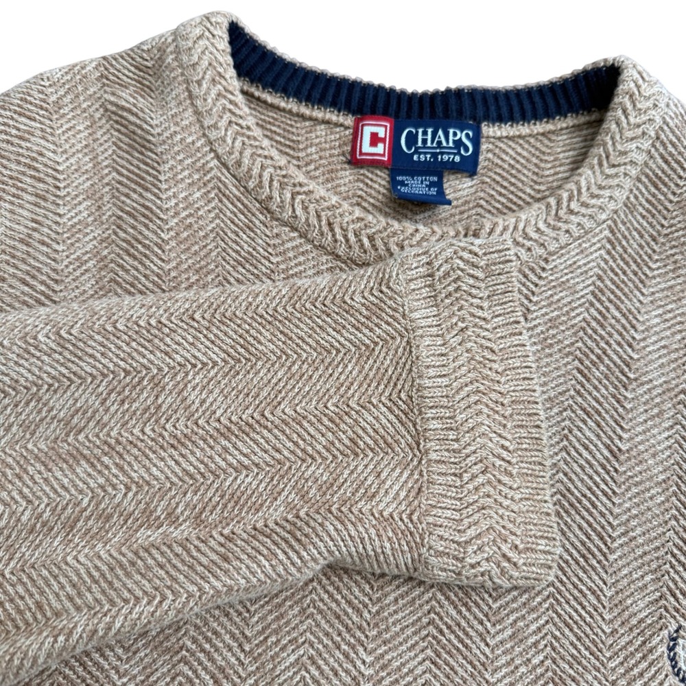 Chaps Mens Tan Herringbone Knit Crew Neck Sweater‎ XL Cotton